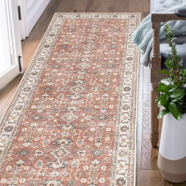 TOPICK Fußmatte Eingangsbereich Teppich Faltbar Dünner Waschbar Vintage Blumendruck Rutschfester Küche Badezimmer Wohnzimmer Schlafzimmer 60x150cm Ziegelrot Border | Ziegelrot 60 x 150 cm (Rechteckig)