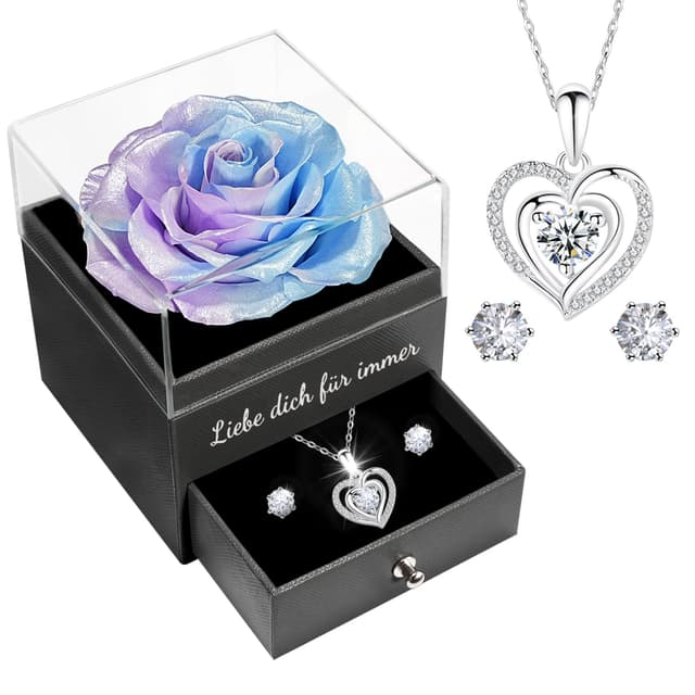 Miofula Ewige Rose Geschenke für Frauen, Konservierte Rosen mit Herz Halskette und Ohrringe aus 925 Sterlingsilber, Rosen Geschenkebox für Mama Frau zum Geburtstag Weihnachten Valentinstag Muttertag Blau+violett