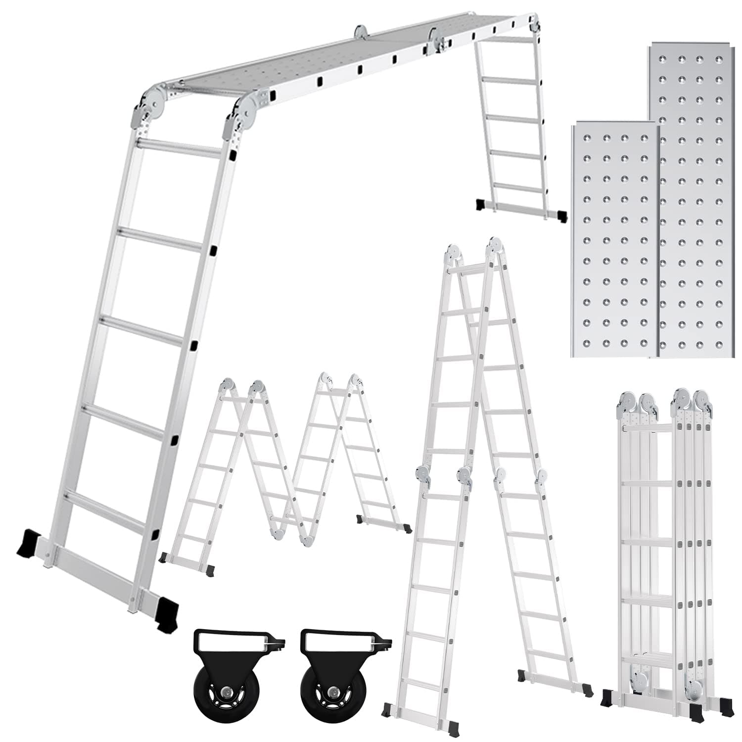 Ansobea 5.8M Aluminium Mehrzweckleiter 4x5 Stufen, Multifunktionsleiter mit plattform, Leiter mit 2 Gerüstplatten, Trittleiter bis 150 kg, Klappleiter 20 Stufen, Silber 5.8M-4x5 Stufen