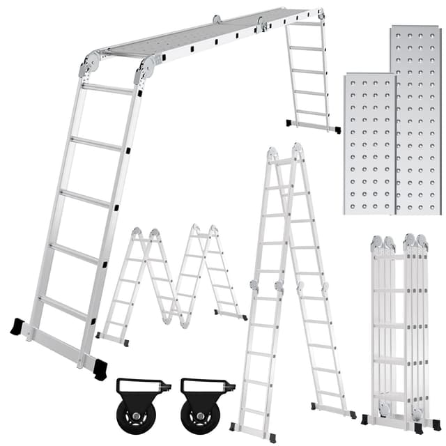 Ansobea 5.8M Aluminium Mehrzweckleiter 4x5 Stufen, Multifunktionsleiter mit plattform, Leiter mit 2 Gerüstplatten, Trittleiter bis 150 kg, Klappleiter 20 Stufen, Silber 5.8M-4x5 Stufen