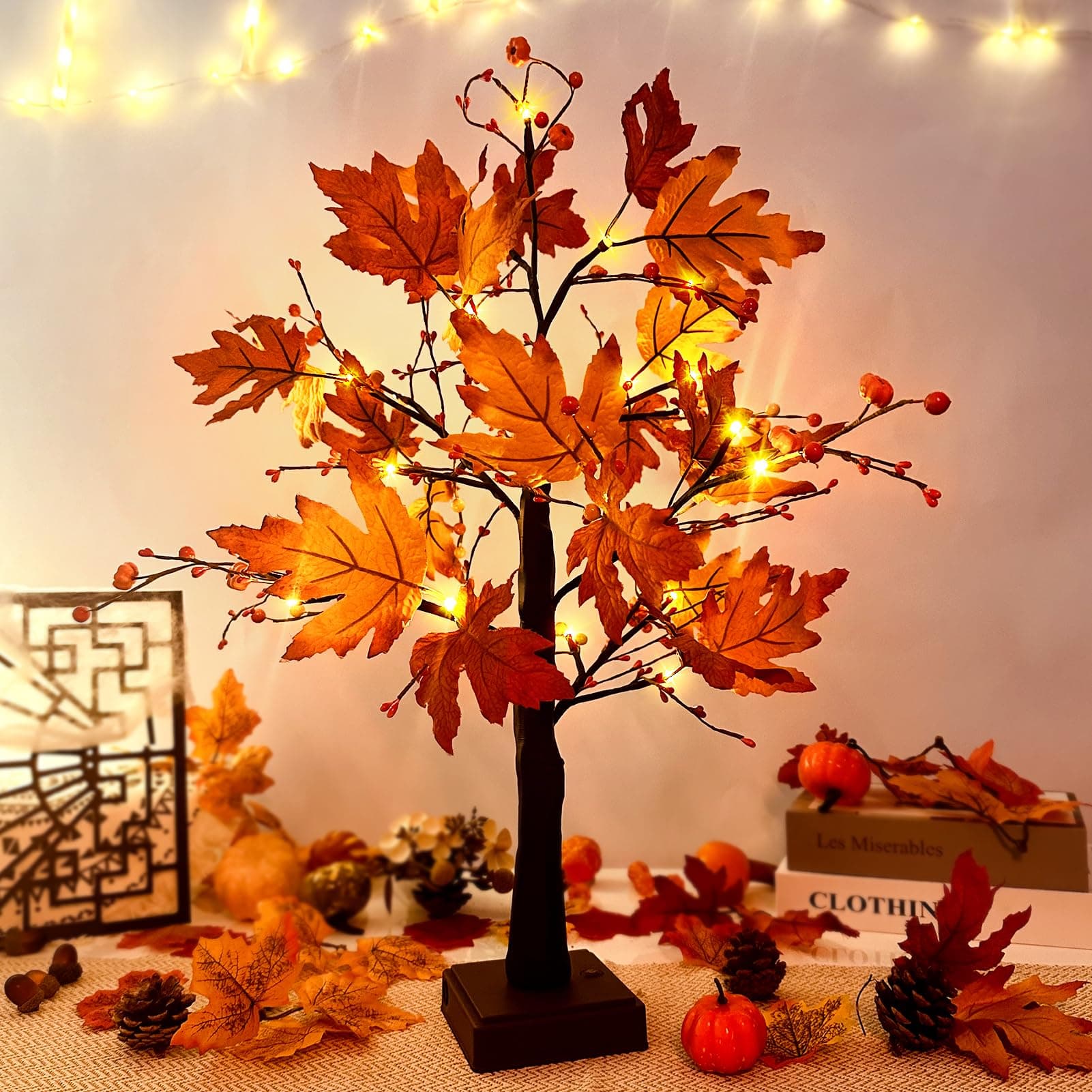 ACAREY Herbstdeko Ahornblatt Baum Lichter mit 24 LEDs, Lichterbaum Für Innen Herbst Deko 61cm Lichterbaum mit Timer, Herbstblätter Deko Halloween Kürbis Deko Für Tisch Herbstdeko Zum Aufhängen