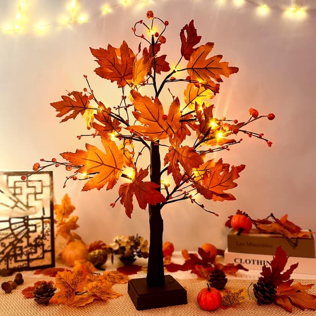 ACAREY Herbstdeko Ahornblatt Baum Lichter mit 24 LEDs, Lichterbaum Für Innen Herbst Deko 61cm Lichterbaum mit Timer, Herbstblätter Deko Halloween Kürbis Deko Für Tisch Herbstdeko Zum Aufhängen