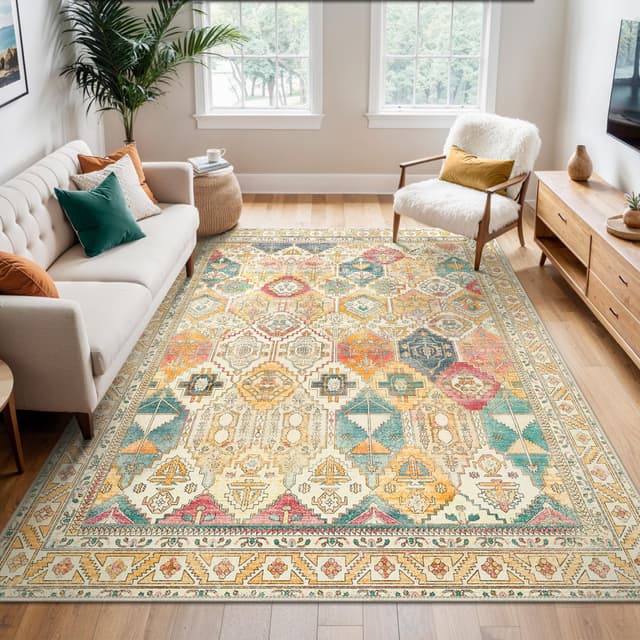 BEIMO Waschbarer Teppich Wohnzimmer Vintage, Boho Teppich Schlafzimmer Groß Orientalisch rutschfest für Badezimmer Esszimmer, Vintage Mehrfarbig, 120x170cm 120 x 170 cm (Rechteckig) Vintage Mehrfarbig