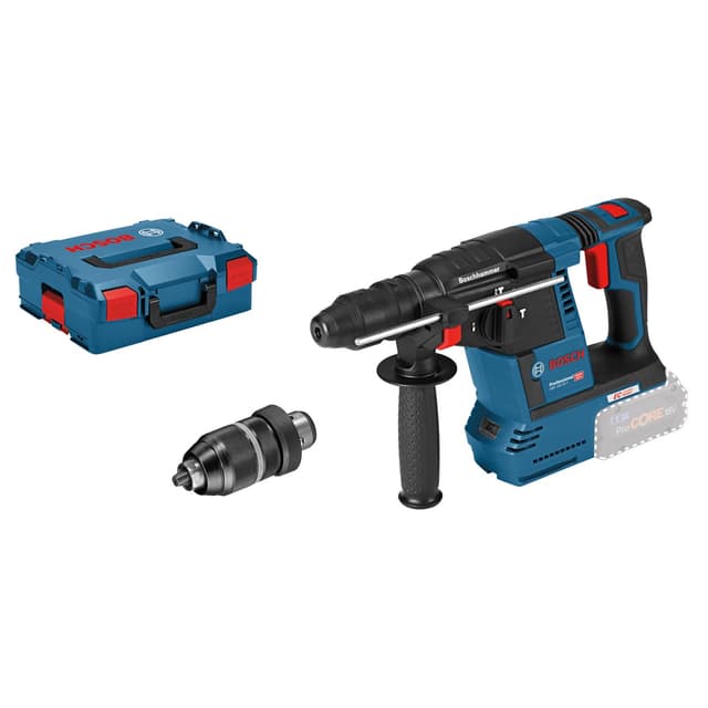 Bosch Professional 18V System Akku Bohrhammer GBH 18V-26 F (inkl. Zusatzhandgriff, Tiefenanschlag, Maschinentuch, Wechselfutter SDS plus, L-BOXX, ohne Akku/ Ladegerät) in L-BOXX Blue