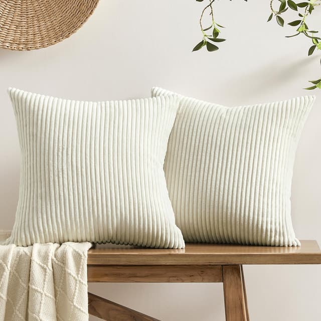 Softalker Kissenbezug 50x50 Beige Weiß Cord weich und flauschig 2er Set mit Streifenmuster Kissenhüllen Sofakissenbezüge Cushion Covers Modern Deko für Sofa Bett Wohnzimmmer Schlafzimmer Weihnachten 50 x 50 cm, 2 Stück Beige Weiß