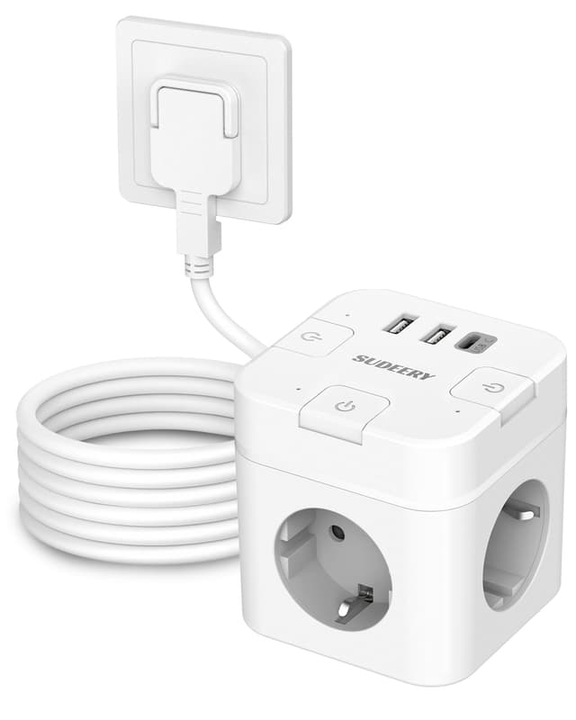 6 in 1 Steckdosenwürfel mit USB C, 3 Fach Cube Steckdose Steckerleiste Flachstecker mit Einzeln Schaltbar, Mehrfachstecker Würfel mit 4M Kabel für Büro Hause Reisen (Weiß) 4M Weiß