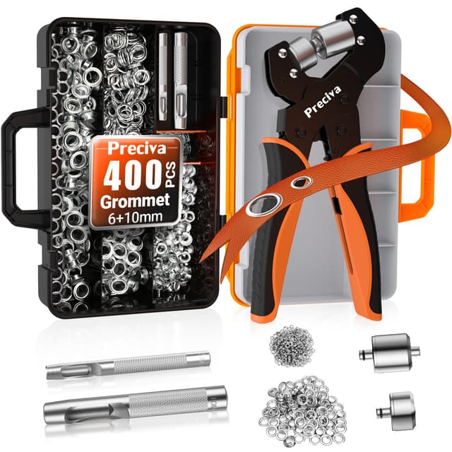 Preciva Ösenzange Austauschbar Zangekopf Ösenpresse mit Aufbewahrungsbox und 400 Ösen (200pcs Ø6mm und 200pcs Ø10mm) für PVC-Banner, Planen, Karton