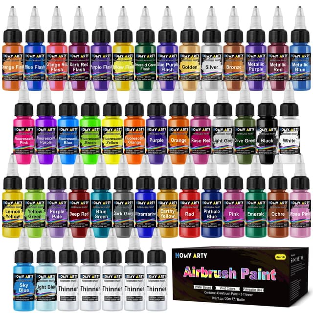 HOMY ARTY Airbrush Farbe, 43 Farben mit 5 Verdünner Airbrush Lack Set, Wasserbasierte Luftbürste Farben, bereit zum Sprühen, 48 Flasche