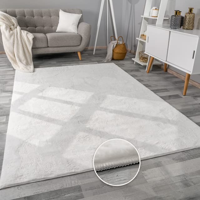 Paco Home Teppich Wohnzimmer Kunstfell weich waschbar modern elegant pflegeleicht Felloptik Uni Seidenglanz flauschig Kurzflor, Grösse:80x150 cm, Farbe:Weiß 80 x 150 cm (Läufer) Weiß