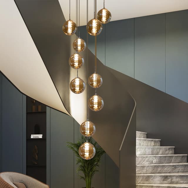 CBJKTX Pendelleuchte Wohnzimmer Pendellampe Modern - Treppenhaus Hängeleuchte 15 Flammig Hängelampe aus Glas 200CM Höheverstellbar Esstischlampe für Esszimmer Küche Esstisch Flur (Bernstein) Bernstein 10-Flammig