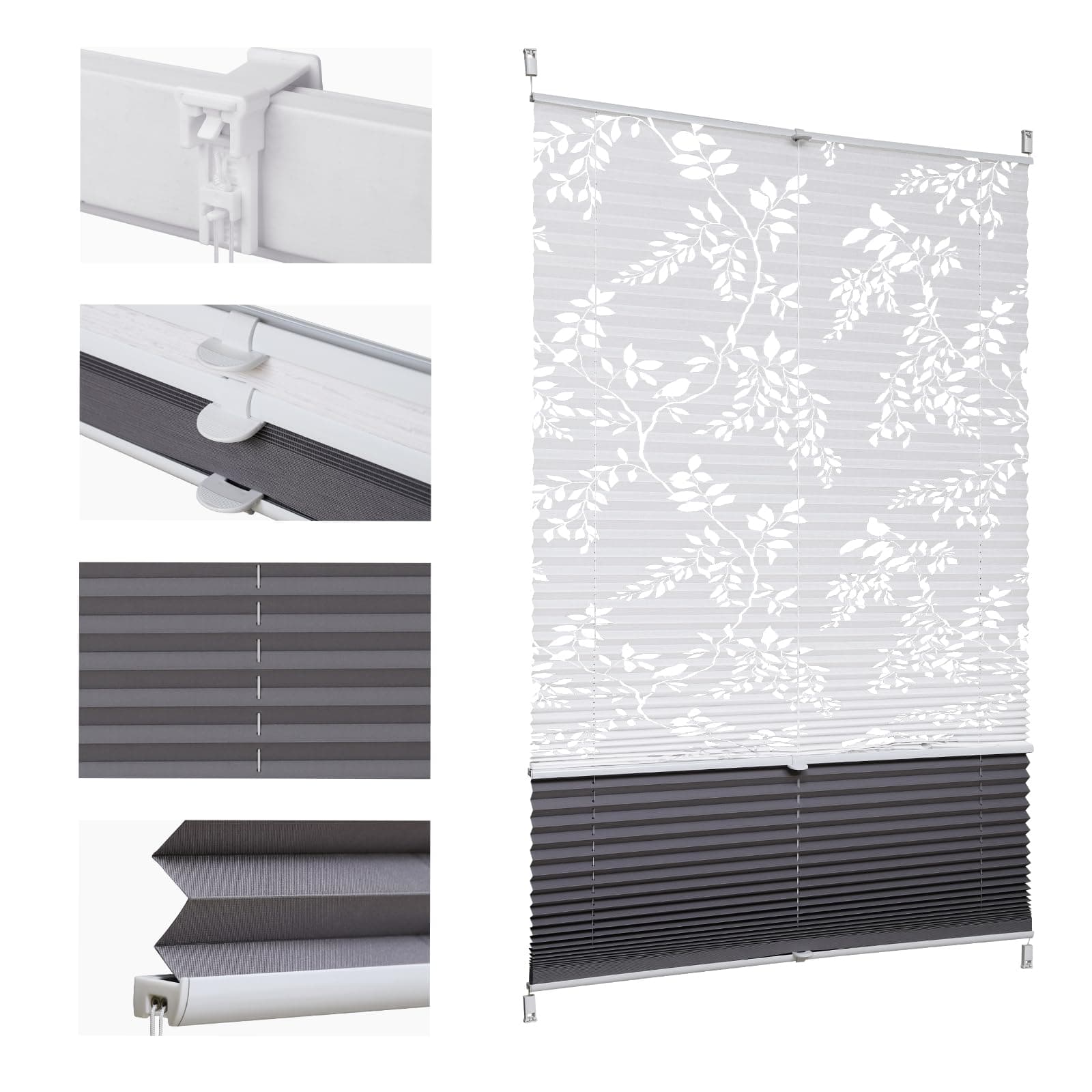 Sekey Plissee Doppelplissee Day+Night Verdunkelung ohne Bohren verspannt Lichtschutz Klemmfix Lichtdurchlässig Ausbrenner-Muster 90x120cm Druck & Grau B90 x H120 cm Druck & Grau