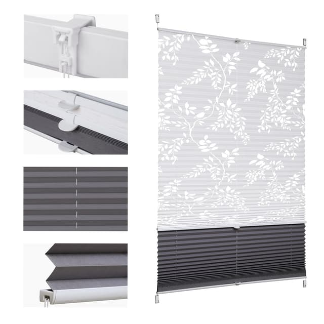 Sekey Plissee Doppelplissee Day+Night Verdunkelung ohne Bohren verspannt Lichtschutz Klemmfix Lichtdurchlässig Ausbrenner-Muster 90x120cm Druck & Grau B90 x H120 cm Druck & Grau