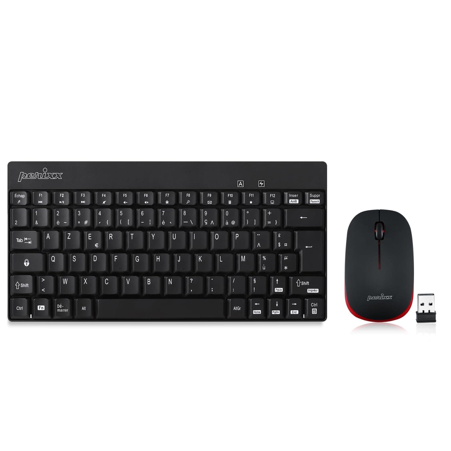 Perixx PERIDUO-712, Ensemble Clavier Souris Mini Sans Fil Pour Windows - 12 Touches Multimédia, Noir, AZERTY