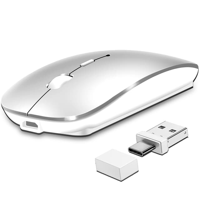 Qxvnm Kabellose Maus Bluetooth 5.2&3.0 + USB&USB-C 2.4 GHz Empfänger- Wiederaufladbare funkmaus für MacBook Pro/Air/iPad/Laptop/Chrombook/Android Tablet Kompatibel mit TypeC & USB Anschluss Geräten Silber