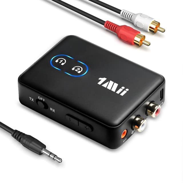 1Mii ML302+ Bluetooth 5.3 Adapter 2-in-1 für TV & Stereoanlage, aptX LL/AD/HD Audio Transmitter Empfänger, 3,5mm & Cinch, BT Splitter für 2 Kopfhörer/Lautsprecher, 30 H Akkulaufzeit