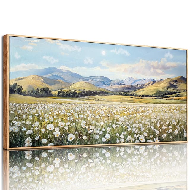 MHARTK66 Weiße Blumen Bilder Mit Rahmen Holz, Landschaft Leinwand Bild Aesthetic, 50x100 cm Groß Wandbilder Wohnzimmer, Modern Wanddeko Kunstdruck Schlafzimmer Esszimmer Flur Büro Küche Weiße Blumen 100L x 50B cm