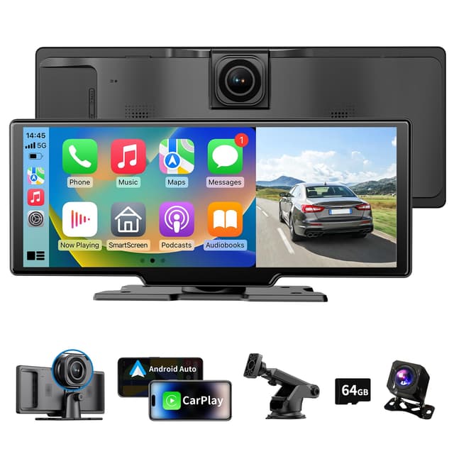 10,26 Zoll 4K Wireless Carplay Display Android Auto Display,Autoradio Kabelloses Carplay Bildschirm,Android Auto Bildschirm mit AUX/FM,Dash Cam,Rückfahrkamera,Mirror Link,Bluetooth für alle Fahrzeuge P1-4K