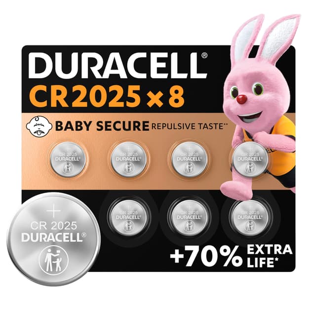 Duracell CR2025 Knopfzellen (8 Stück), CR 2025 Lithium-Knopfzelle 3 V Größe 2025 Lithium-Knopfzellen 8 Stück