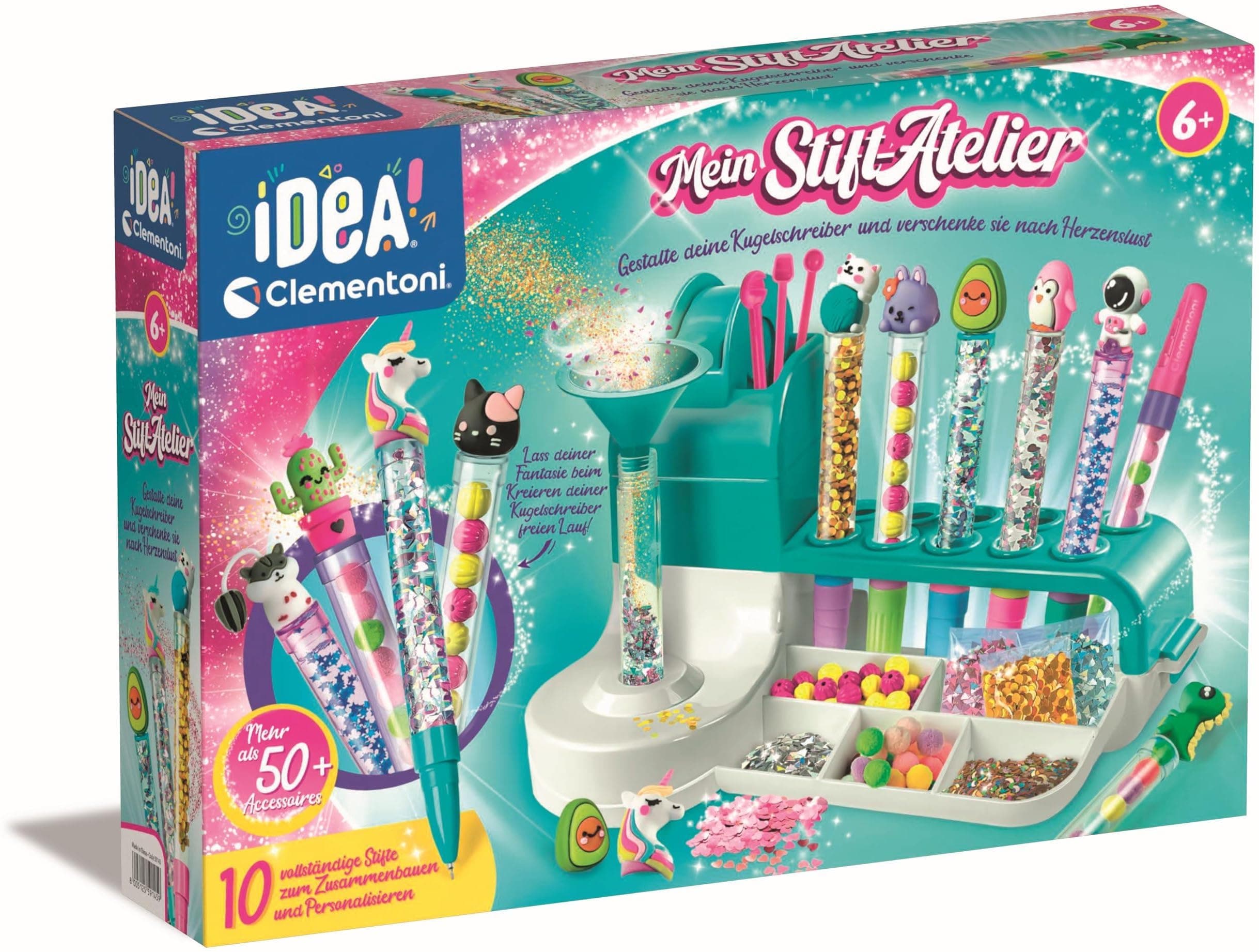 Clementoni Idea Stift-Atelier mit über 50 Accessoires - DIY Stifte-Set mit über 50 Accessoires - Bastelset zum Stifte selber machen, Kreativspielzeug & Geschenk-Set für Kinder ab 6 Jahren, 59415