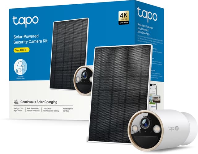 Tapo C460 KIT 4K 8MP Solar Überwachungskamera Aussen Akku, Starlight-Farb-Nachtsicht, Dual-Band WLAN, Magnetfuß, Verschlüsselte microSD-Aufzeichnung, KI-Erkennung, 10000-mAh-Akku Kamera + Solarpanel