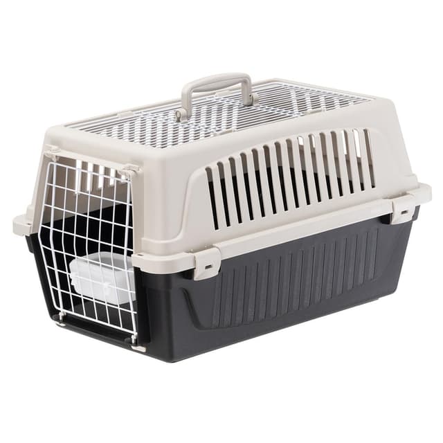 Ferplast Transportbox Katze, Hundetransportbox kleine Hunde und Katzen bis 8 kg, Dach zu öffnen, mit Kissen und Napf, Lüftungsschlitze, 37x58xH 32cm, Transportbehälter Atlas 20 Open 2 Türe L 58 x B 37 x H 32 cm Braun