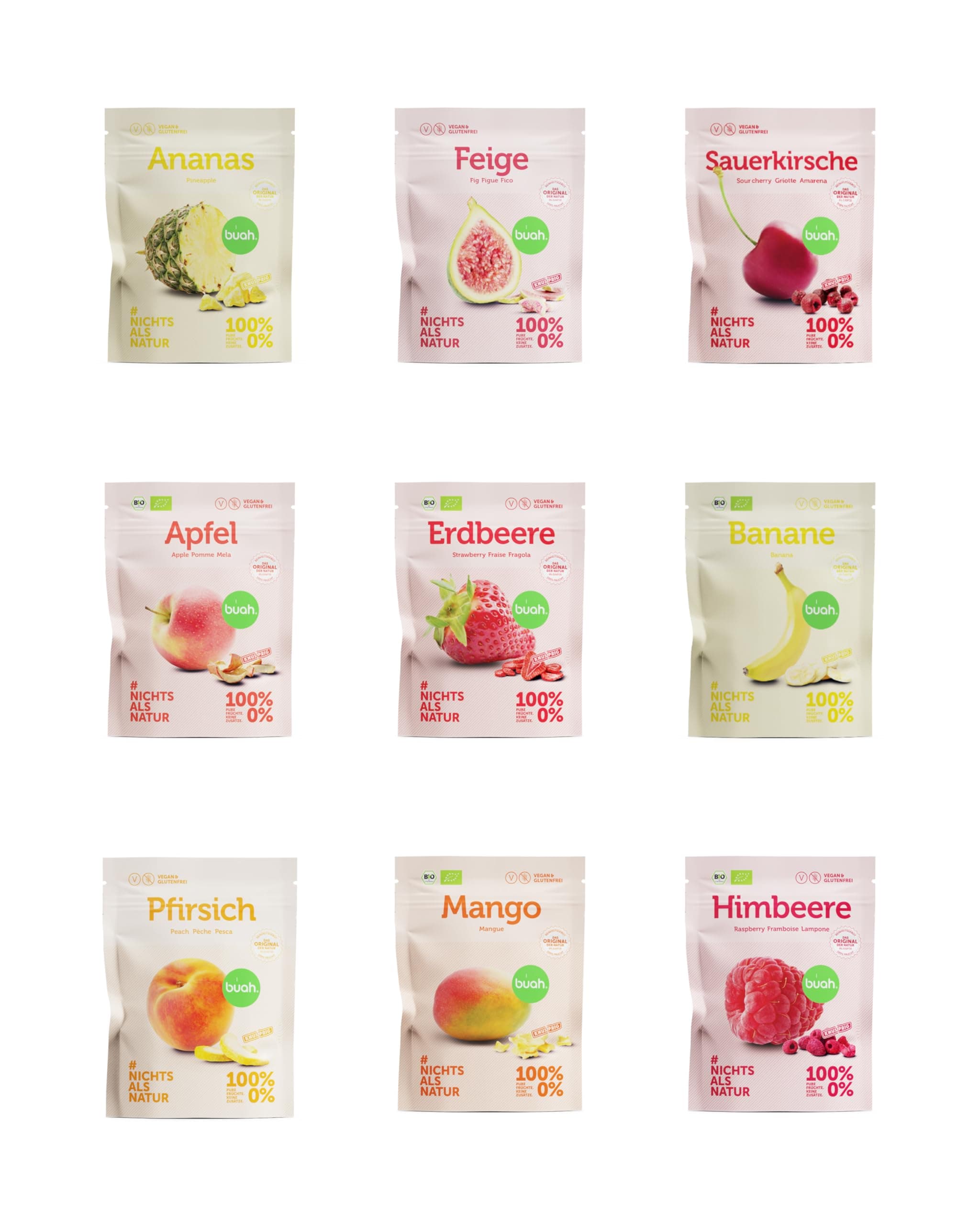 BUAH® Gefriergetrocknete Früchte Probierset | Perfekter Snack aus knusprigen Fruchtchips | Süßigkeiten Alternative ohne Zuckerzusatz, Toppings für Porridge | Vegan Glutenfrei 9er Pack mit Pfirsich