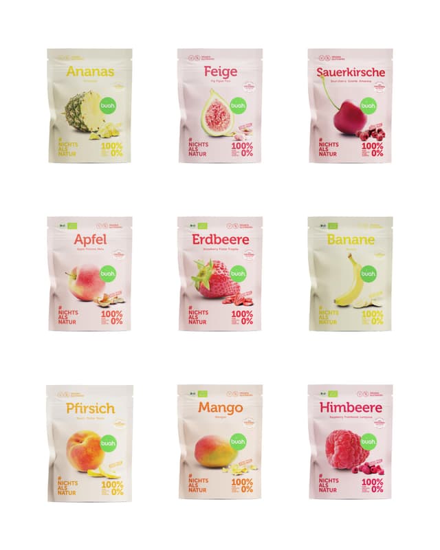 BUAH® Gefriergetrocknete Früchte Probierset | Perfekter Snack aus knusprigen Fruchtchips | Süßigkeiten Alternative ohne Zuckerzusatz, Toppings für Porridge | Vegan Glutenfrei 9er Pack mit Pfirsich