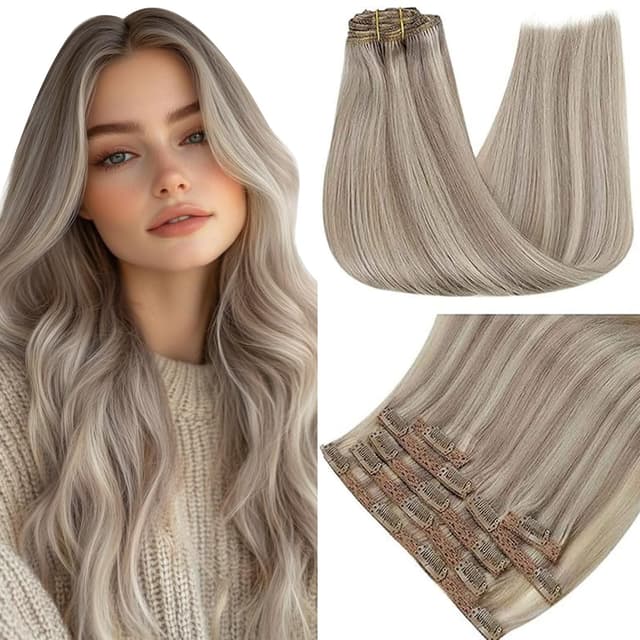 RUNATURE Echthaar Extensions Clip Blond Hervorheben 40cm Extensions Echthaar Clip Seamless Echte Haare 7Pcs 120g Clip in Extensions Echthaar Dunkelblond Mit Platinblond #19P60 #19AP60 40cm-7pcs