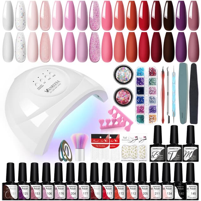 U V Gel Nagellack Set, VANREESA 16 Farben Nägelgel mit 48W U V/ LED Nagellampe Rosa Rot Lila Gel Farblack für Nägel Maniküre Starter Set Geschenk für Frauen Klassisches Dunkles Set