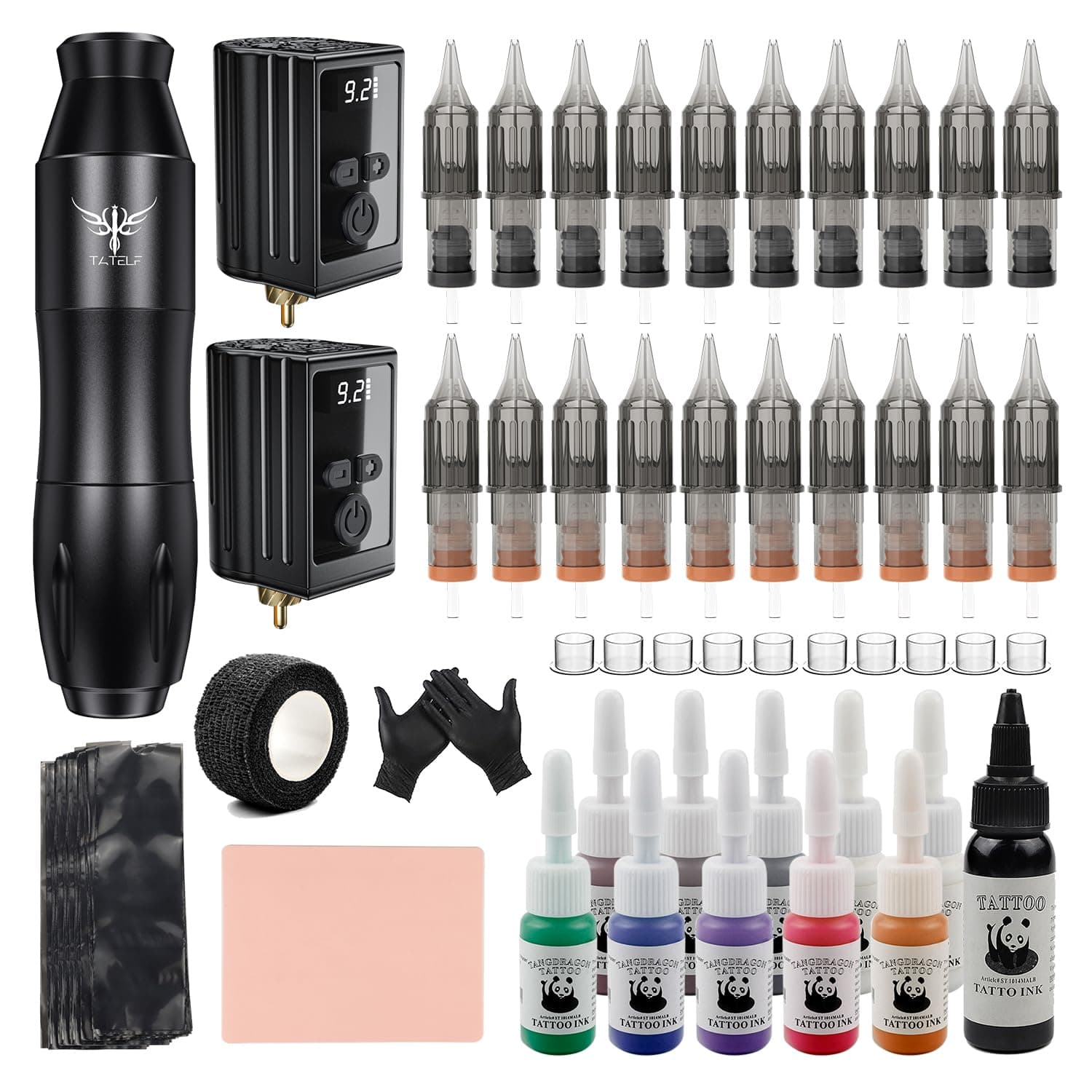 TATELF Complete Maschine Set Drahtloser mit 2 Stück Battery 20 Patronen Nadel 11 Tinte 100pcs Stift Abdeckungen Komplettes Zubehör für Anfänger und Künstler Schwarz