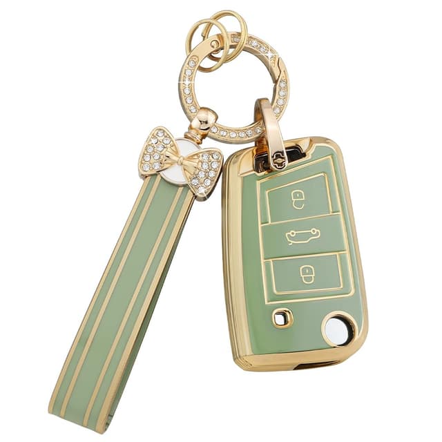 BLINGOOSE Autoschlüssel Hülle für VW Volkswagen Polo Golf 7 MK7 Tiguan Touran T ROC Cross Taigo 3 Tasten Auto Schlüsselcover Schlüsselgehäuse Glitzer Schlüsselanhänger Frauen Girly Männer Grün TPU Grün - Stil 1