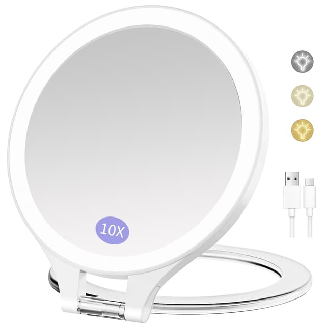 FUNTOUCH Wiederaufladbarer Kosmetikspiegel mit Beleuchtung, Reisespiegel mit 1X / 10X Vergrößerung, 3 Farbige Beleuchtung Schminkspiegel, Dimmbarer Touchscreen, Faltbarer Tragbarer Make up Spiegel Weiß mit 10x