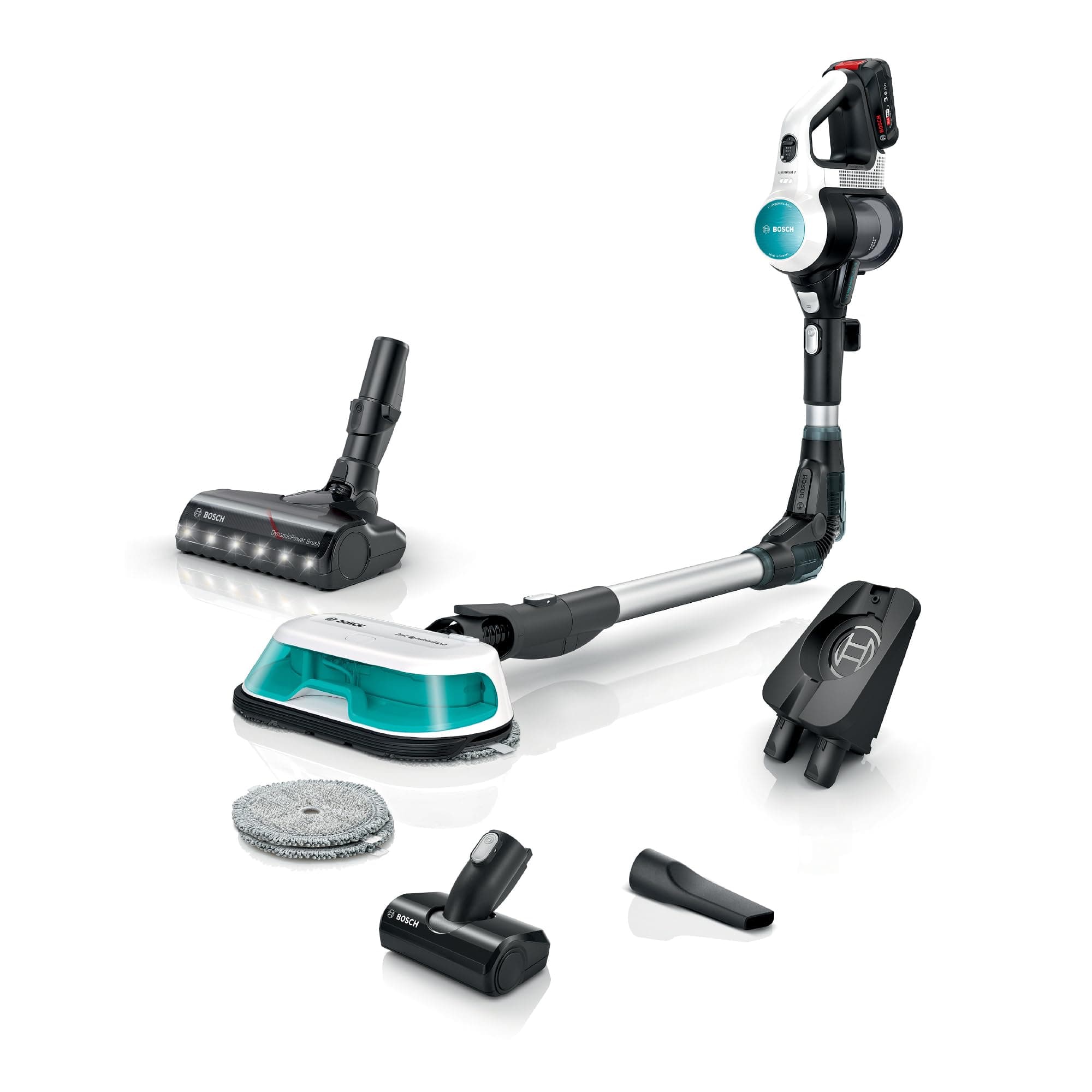 Bosch Akku-Staubsauger Unlimited 7 ProHygienic Aqua BKS71HYG4, kabellos, 2in1 Saugen & Wischen, Knickrohr, HEPA-Filtersystem, 10 J. Motorgarantie, Wechselakku, Mini-Turbo-Düse, Made in Germany, weiß