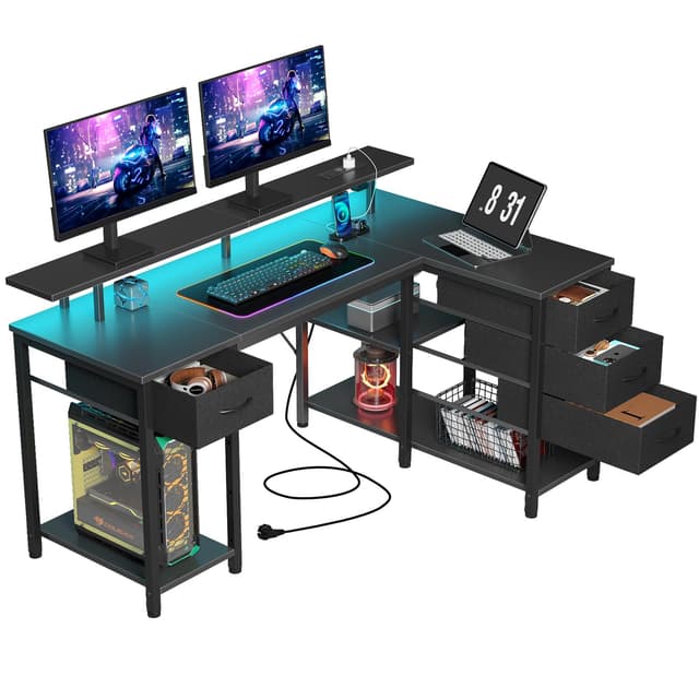 Seventable Computertisch L Form mit 4 Schubladen & Ablageflächen, Gaming Tisch mit LED & Steckdosen, Gaming Schreibtisch mit Monitorständer für Homeoffice, Schlafzimmer, Wohnzimmer (Schwarz, 120 cm) Schwarz 120 cm
