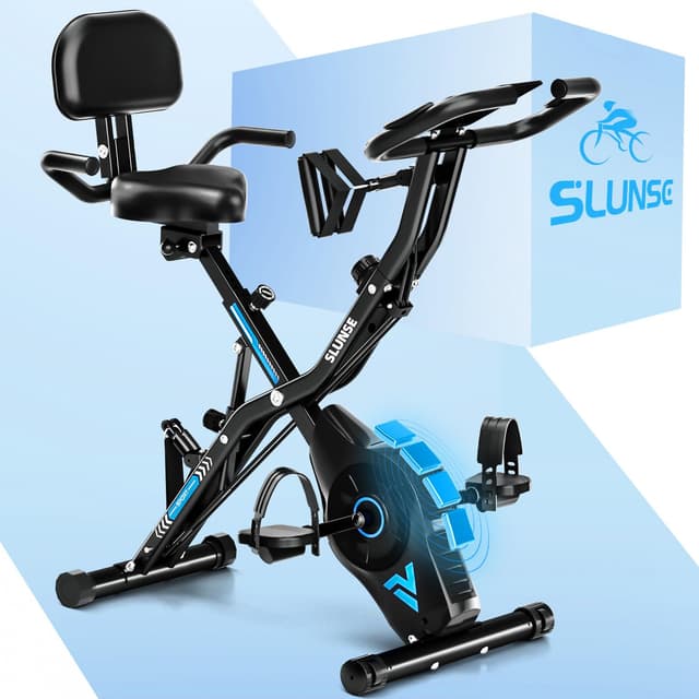 SLUNSE Heimtrainer Fahrrad, 2025 Neu 5 in 1 Hometrainer Fahrrad mit stabilem Doppeldreieckrahmen, Klappbar Ergometer Heimtrainer mit 10dB, Indoor Bike für Kardio-Training zu Hause, Bis 160KG Verbesserte 5-in-1-Version(2025) - Schwarz Blau