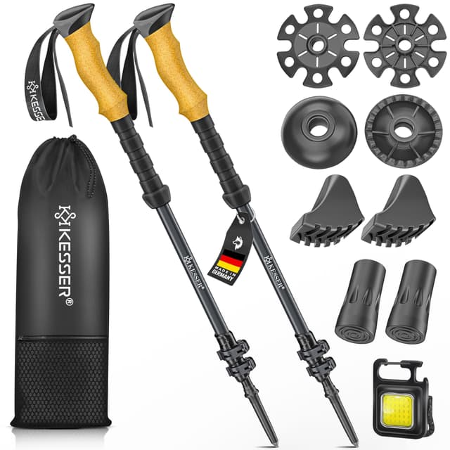 KESSER® Wanderstöcke Aluminium oder Carbon mit Korkgriff | Nordic Walking Stöcke für Damen & Herren faltbar oder Teleskop Trekkingstöcke zum Wandern, Trekking, Skitour & Bergsport inkl. Camping-Licht Teleskop - 105-135cm Schwarz