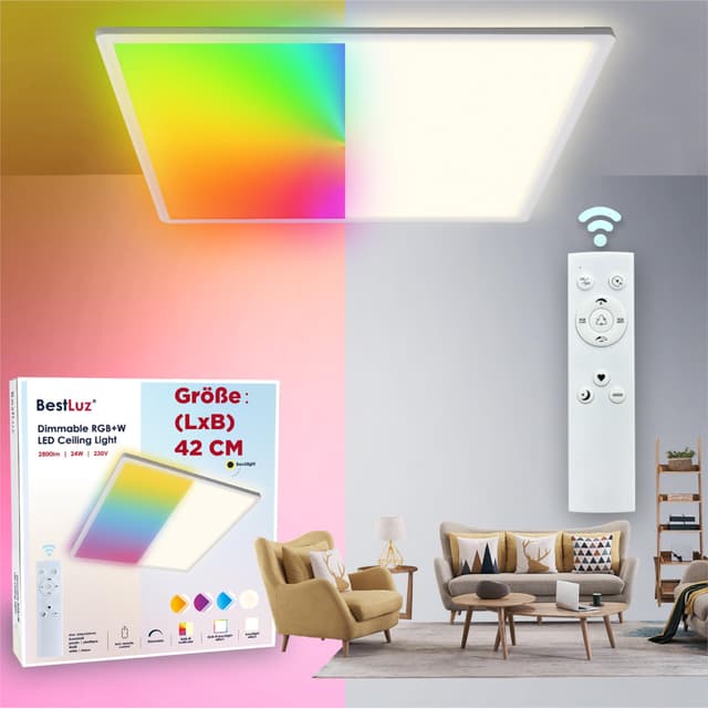 BestLuz LED Deckenlampe Deckenleuchte 42x42 CM 24W RGBW + Neutralweiß 4000K mit Backlight Effekt Fernbedienung LED Panel für Badezimmer Schlafzimmer Wohnzimmer Küche, Ultra Dünn 42x42 CM Rgbw
