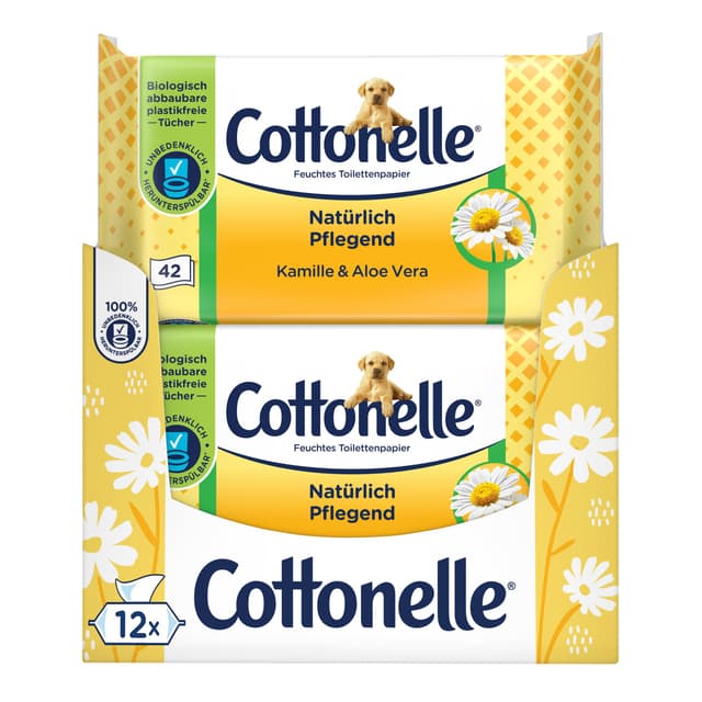 Cottonelle Feuchtes Toilettenpapier, Natürlich Pflegend - Kamille & Aloe Vera, Biologisch Abbaubar, Plastikfrei, Wiederverschließbar, Vorteilspack, 12 x 42 Feuchttücher New Version