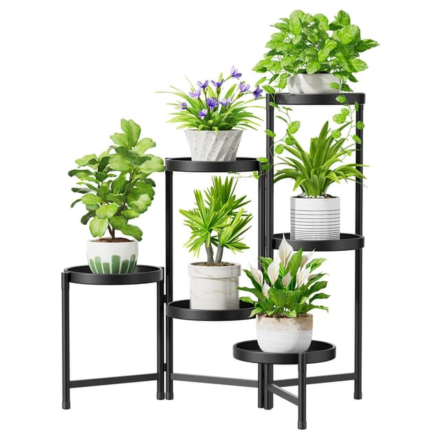 iDavosic.ly Pflanzenständer Metall Groß mit 6 Etagen, Blumenständer Pflanzenregal Blumenregal Indoor Outdoor, Faltbar Blumentreppen Innen Plant Stand Shelf für Garten Balkon Wohnzimmer (Rund, Schwarz) 6 Etagen, Schwarz