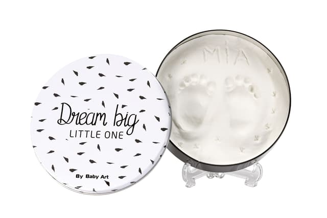 Baby Art Magic Box White and Black Runde Box aus Metall mit Modelliermasse, Set für Hand- und Fußabdruck, Geschenk zur Geburt oder Taufe