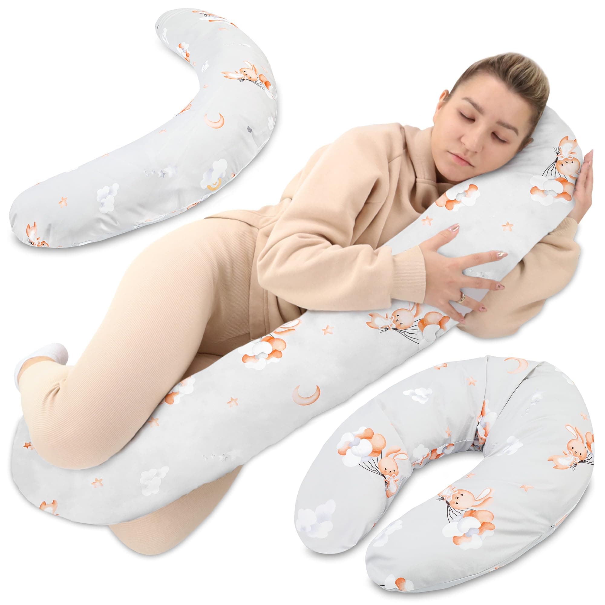 Totsy Baby Stillkissen XXL Schwangerschaftskissen 190 cm - Pregnancy Pillow Body Pillow Seitenschläferkissen Schlafkissen Lagerungskissen Kissen mit Bezug aus Baumwolle Oeko-Tex Kaninchen Kissen 190 cm