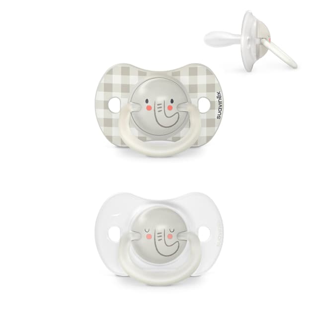 Suavinex, Night&Day Schnuller für Babys von 6-18 Monaten, Leuchtend im Dunkeln Babyschnuller, mit Physiologischem Sauger SX Pro aus Silikon, Symmetrisch, Superweich und Flexibel, Grau, 2er-Pack 6-18 Monaten Grau