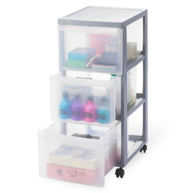 Iris Ohyama Kunststoff-Schubladenbox mit Rollen, 3 tiefen Schubladen, Silber, Griffe zum Ziehen, Für Schlafzimmer, Bad, Schule & Büro, BPA-frei, Schubladenschrank, Rollcontainer, A4 Drawer, DC-303 Silber 3 Schubladen/Tief