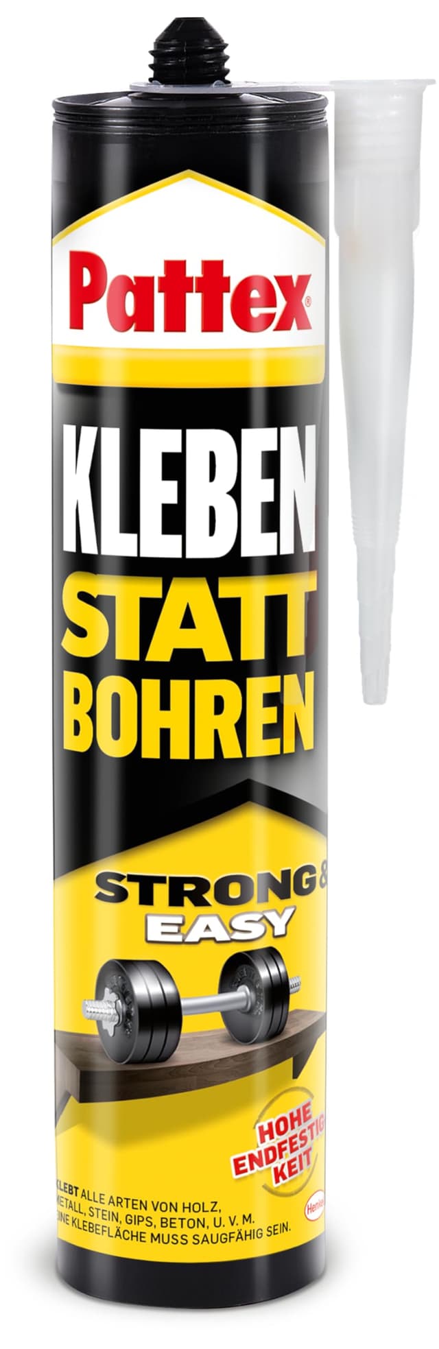 Pattex Kleben statt Bohren Weiß, Montagekleber mit hoher Endfestigkeit, Baukleber für alle Materialien, Universalkleber Strong & Easy, Kartusche 1 x 400 g