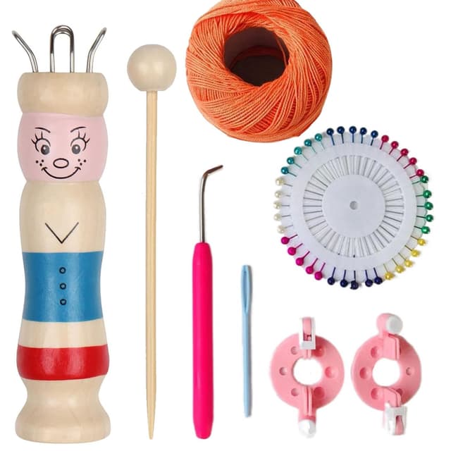 1 Satz Strickliesel, Strickliesel für Kinder, Webrahmen Für Kinder, Strickliesel Mit Häkelnadel Strickpüppchen Holz Stricknadeln Bastelset (Stil E- 1* Holzstricker + 1* Nadel + 1* Werkzeugsatz) E-1 Satz