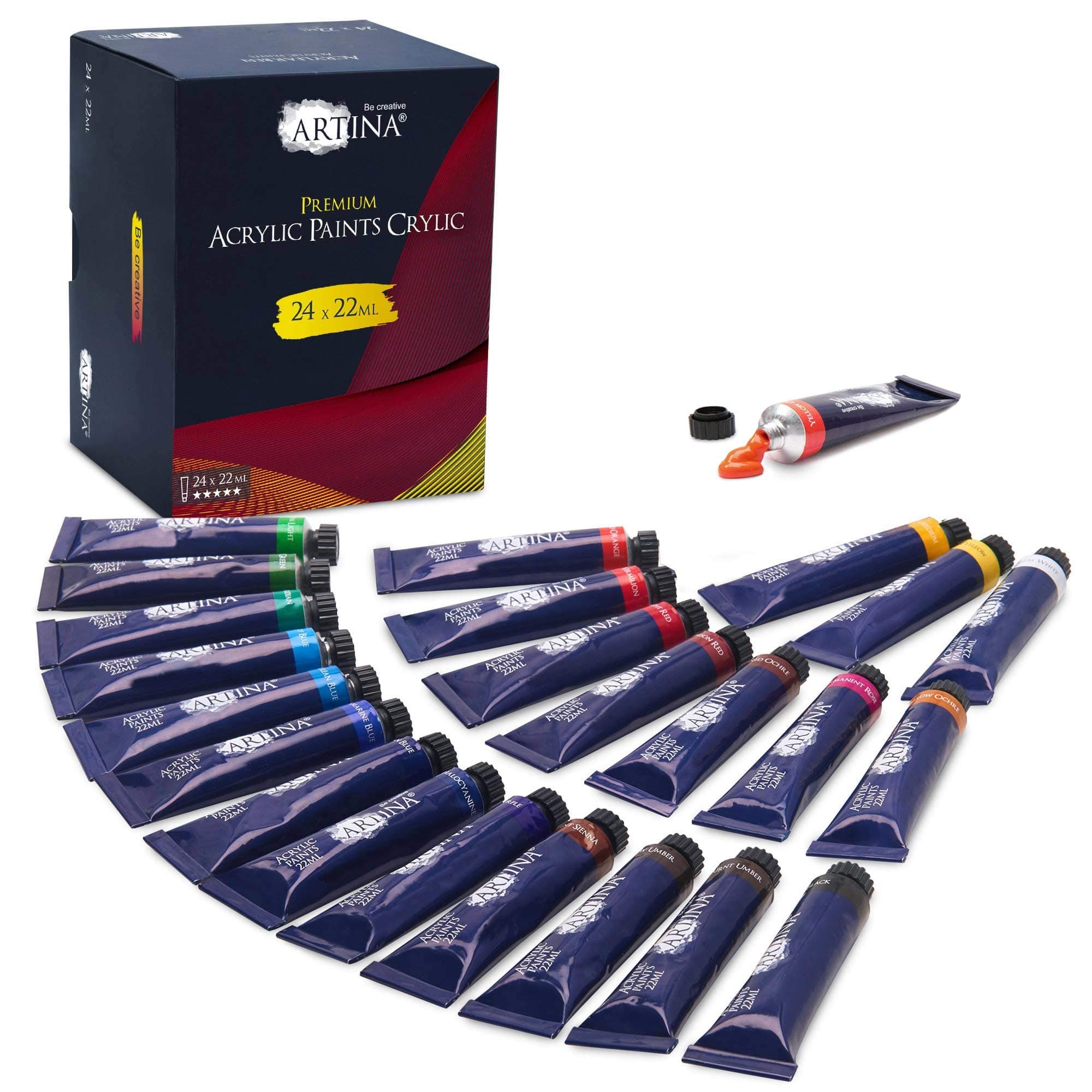 Artina Crylic Acrylfarben Set 24 Tuben je 22ml Künstlerfarben Malerei Acryl Farben Set Malset - Profi Acryl Farbset für Malen auf Keilrahmen – Wasserfest, Hohe Pigmentierung & Lebendige Farben 22 ml (24er Pack) Mehrfarbig