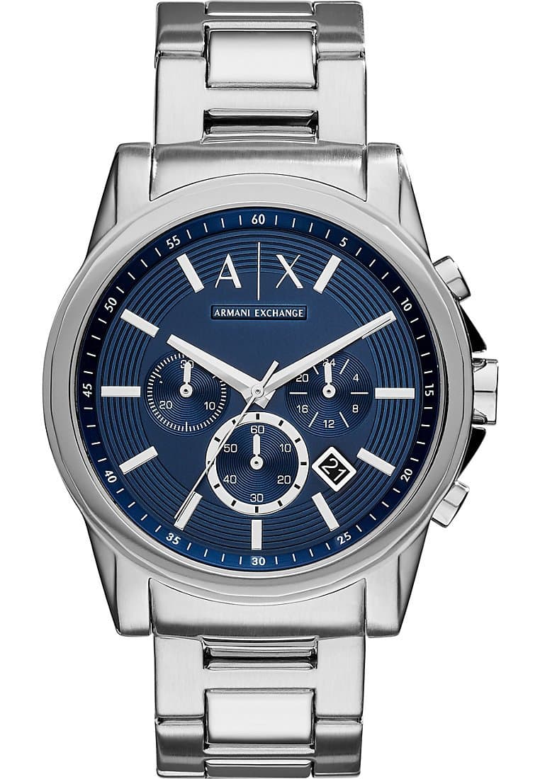 Armani Exchange Herrenuhr , QuarzChronographenwerk, 45mm Silbernes Edelstahlgehäuse mit Lederarmband, AX2501
