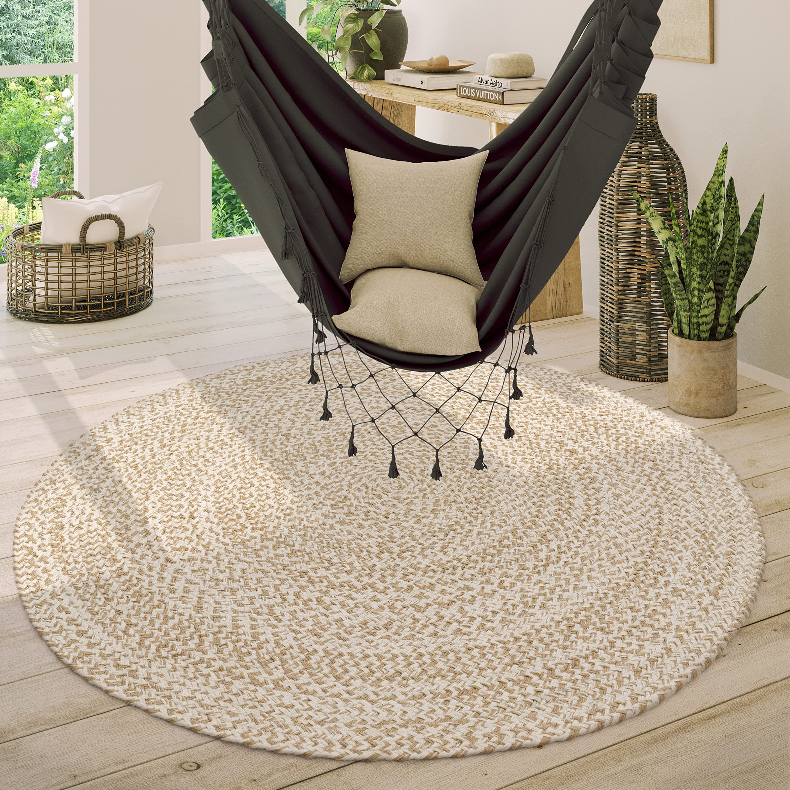 Paco Home Teppich Rund Wohnzimmer Jute Boho Ethno Muster Modern Handgefertigt Naturteppich, Grösse:120 cm Rund, Farbe:Beige 120 cm (Rund) Beige
