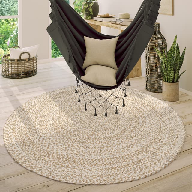 Paco Home Teppich Rund Wohnzimmer Jute Boho Ethno Muster Modern Handgefertigt Naturteppich, Grösse:120 cm Rund, Farbe:Beige 120 cm (Rund) Beige