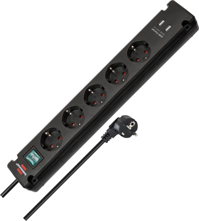 Brennenstuhl Bremounta Steckdosenleiste 5-Fach mit USB-Ladefunktion (Mehrfachsteckdose mit 90 Grad Steckdosen, Steckerleiste mit Schalter, Befestigungsmöglichkeit und 3m Kabel) schwarz USB A 5-fach schwarz